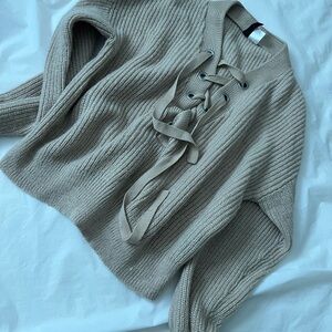 H&M Beige V-Neck Lace-Up Sweater